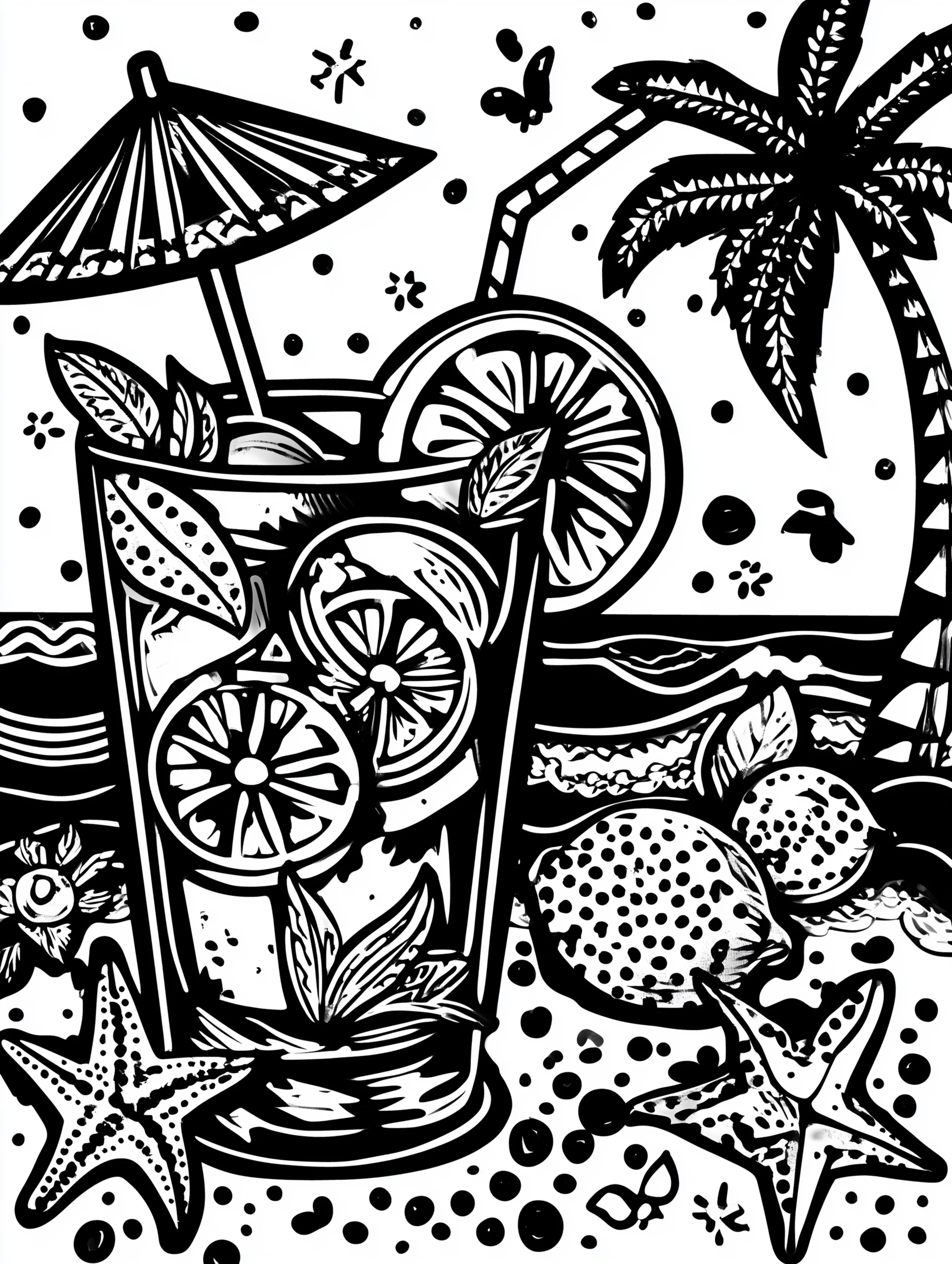 Free printable summer coloring page for adults featuring a drink on the beach